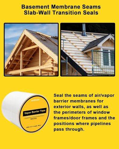 شريط حاجز بخار الفضاء - 6 بوصة × 180 لفة ختم قوي لحواجز الرطوبة من البولي إيثيلين وشريط العزل، شريط التماس الأبيض 9 مل (لفة 180 قدمًا) in Kuwait