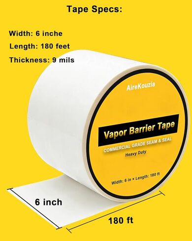 شريط حاجز بخار الفضاء - 6 بوصة × 180 لفة ختم قوي لحواجز الرطوبة من البولي إيثيلين وشريط العزل، شريط التماس الأبيض 9 مل (لفة 180 قدمًا) in Kuwait