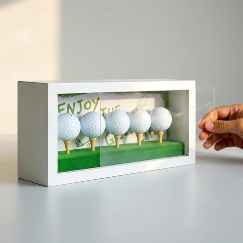 Golf Ball Display Case with Front-Opening Clear Acrylic Panel, Wall Mountable Holder with 5 Wooden Tees & Hand-Drawn Course Background, Green Felt Base for Memorabilia in Kuwait