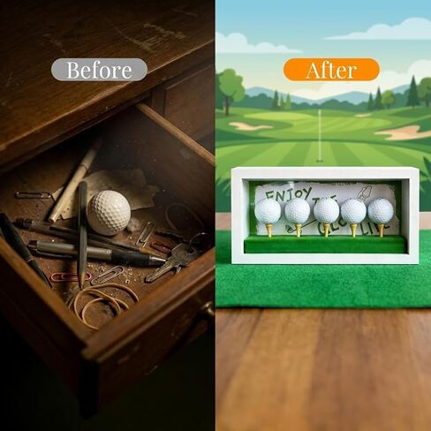 Golf Ball Display Case with Front-Opening Clear Acrylic Panel, Wall Mountable Holder with 5 Wooden Tees & Hand-Drawn Course Background, Green Felt Base for Memorabilia in Kuwait