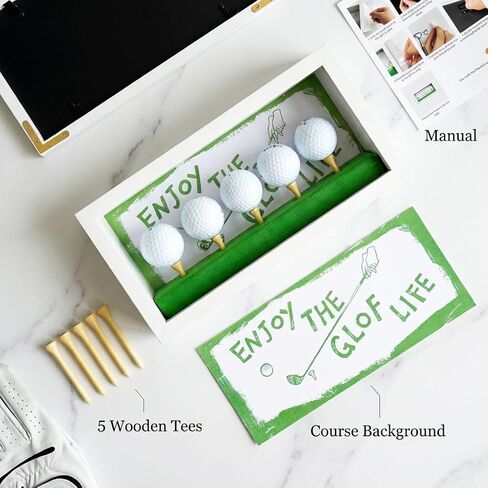 Golf Ball Display Case with Front-Opening Clear Acrylic Panel, Wall Mountable Holder with 5 Wooden Tees & Hand-Drawn Course Background, Green Felt Base for Memorabilia in Kuwait