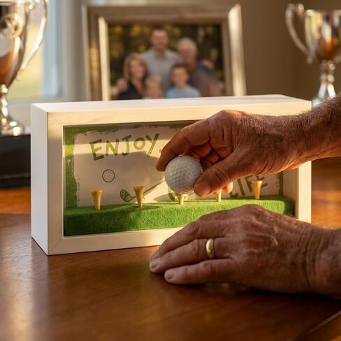 Golf Ball Display Case with Front-Opening Clear Acrylic Panel, Wall Mountable Holder with 5 Wooden Tees & Hand-Drawn Course Background, Green Felt Base for Memorabilia in Kuwait