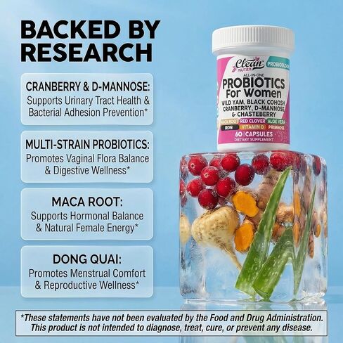 Clean Nutraceuticals Probiotics for Women with D Mannose, Cranberry Extract, Wild Yam, Chasteberry - 20 Probiotic and Prebiotic Strains - PH Balance, Womens Probiotic for Digestive Health - 60 Count in Saudi Arabia