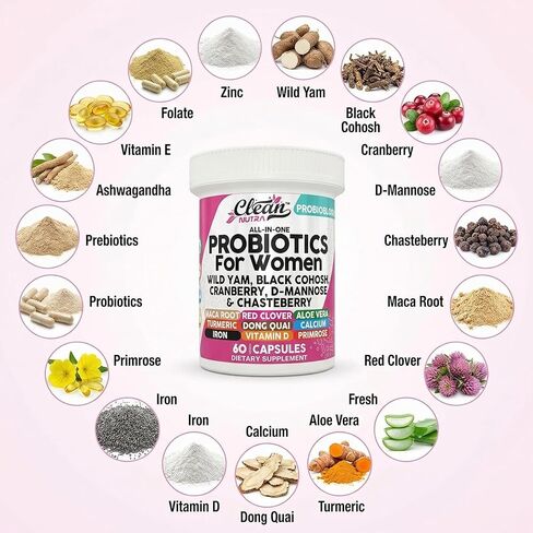 Clean Nutraceuticals Probiotics for Women with D Mannose, Cranberry Extract, Wild Yam, Chasteberry - 20 Probiotic and Prebiotic Strains - PH Balance, Womens Probiotic for Digestive Health - 60 Count in Saudi Arabia
