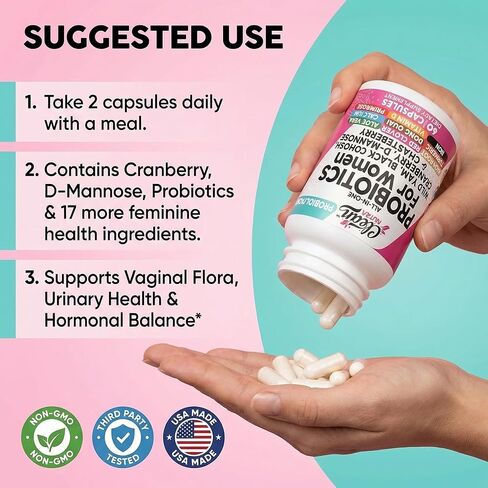 Clean Nutraceuticals Probiotics for Women with D Mannose, Cranberry Extract, Wild Yam, Chasteberry - 20 Probiotic and Prebiotic Strains - PH Balance, Womens Probiotic for Digestive Health - 60 Count in Saudi Arabia