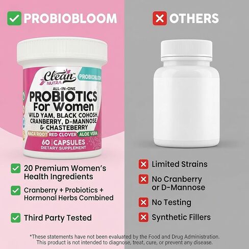 Clean Nutraceuticals Probiotics for Women with D Mannose, Cranberry Extract, Wild Yam, Chasteberry - 20 Probiotic and Prebiotic Strains - PH Balance, Womens Probiotic for Digestive Health - 60 Count in Saudi Arabia