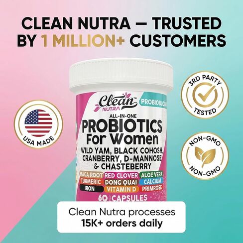 Clean Nutraceuticals Probiotics for Women with D Mannose, Cranberry Extract, Wild Yam, Chasteberry - 20 Probiotic and Prebiotic Strains - PH Balance, Womens Probiotic for Digestive Health - 60 Count in Saudi Arabia