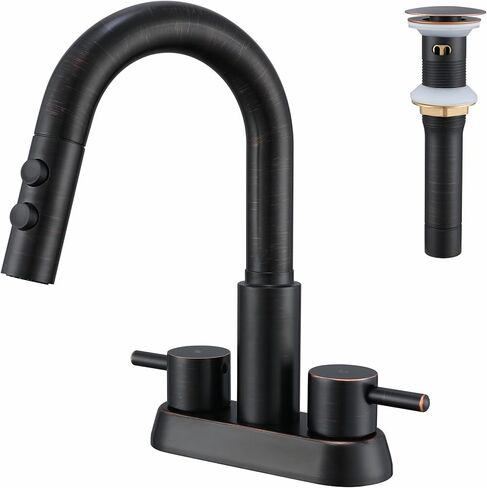 Kablle Bathroom Faucet with Pull Down Sprayer 3 Holes, Brushed Nickel 4 inch 2 Handles Centerset Laundry Bar Basin Pull Out Bathroom Sink Faucet with Pop-Up Drain, KBL-6002BN in Saudi Arabia