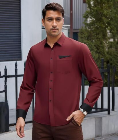 Men's Long Sleeve Shirt with Contrast Pocket & Cuffs, Classic Button Down for Business Casual in Saudi Arabia