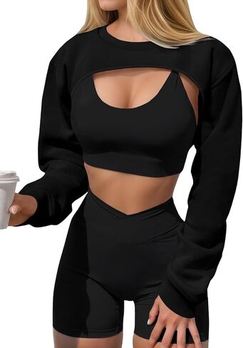 Yousify Womens Long Sweeve Sweatshirts تمرينات غير رسمية للمضخة الصالة الرياضية تغطية بوليرو يتجاهل y2k الخروج من قمم in Kuwait