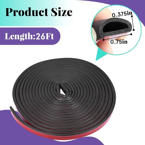 26FT 0.75 بوصة × 0.375 بوصة شريط ختم الباب على شكل حرف D، شريط إغلاق مطاطي على شكل حرف D EPDM ذاتي اللصق لباب المنزل، المرآب، عربة سكن متنقلة، شاحنة، سيارات، نافذة، قارب، فتحة بحرية in Kuwait