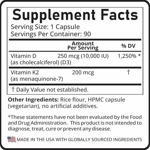 Vitamin D3 + K2, 10,000 IU D3, 200 mcg K2, 90 Capsules in Saudi Arabia