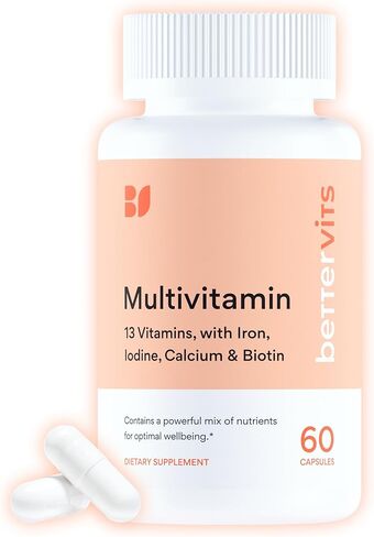 فيتامينات بيترفيت المتعددة للنساء والرجال | فيتامينات متعددة يومية للسيدات مع 13 فيتامينًا أساسيًا، الحديد واليود والكالسيوم والبيوتين | فيتامينات أ، ك2، د3، ج، ب1، ب2، ب3، ب5، ب6، ب7، ب9، ب12 | 60 كبسولة in Kuwait