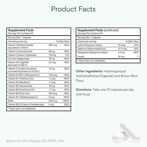 فيتامينات بيترفيت المتعددة للنساء والرجال | فيتامينات متعددة يومية للسيدات مع 13 فيتامينًا أساسيًا، الحديد واليود والكالسيوم والبيوتين | فيتامينات أ، ك2، د3، ج، ب1، ب2، ب3، ب5، ب6، ب7، ب9، ب12 | 60 كبسولة in Kuwait