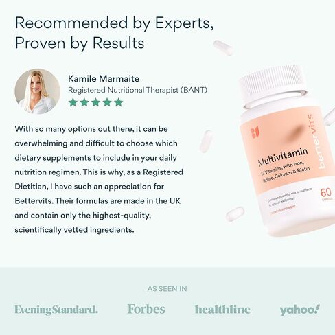 فيتامينات بيترفيت المتعددة للنساء والرجال | فيتامينات متعددة يومية للسيدات مع 13 فيتامينًا أساسيًا، الحديد واليود والكالسيوم والبيوتين | فيتامينات أ، ك2، د3، ج، ب1، ب2، ب3، ب5، ب6، ب7، ب9، ب12 | 60 كبسولة in Kuwait