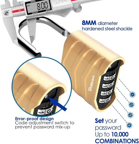 قفل مركب، 4 أرقام قفل معدني عالي التحمل في الهواء الطلق، أقفال من سبائك مقاومة للطقس مع تكبل فولاذي مقوى، أقفال كبيرة عالية الأمان للسقائف والسياج ومشابك البوابة ووحدة التخزين باللون الذهبي in Kuwait