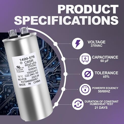 14995761 تشغيل مكثف 60+5 فائق التوهج 370VAC | متوافق مع محرك مكيف الهواء Coleman RV | لأجهزة إزالة الرطوبة والغسالات وغسالات الأطباق | 1499-5761 60 MFD مكثف بدء تشغيل المحرك المستدير in Kuwait