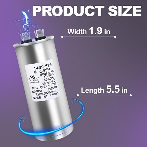 14995761 تشغيل مكثف 60+5 فائق التوهج 370VAC | متوافق مع محرك مكيف الهواء Coleman RV | لأجهزة إزالة الرطوبة والغسالات وغسالات الأطباق | 1499-5761 60 MFD مكثف بدء تشغيل المحرك المستدير in Kuwait