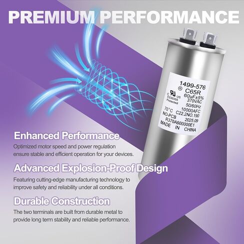 14995761 تشغيل مكثف 60+5 فائق التوهج 370VAC | متوافق مع محرك مكيف الهواء Coleman RV | لأجهزة إزالة الرطوبة والغسالات وغسالات الأطباق | 1499-5761 60 MFD مكثف بدء تشغيل المحرك المستدير in Kuwait