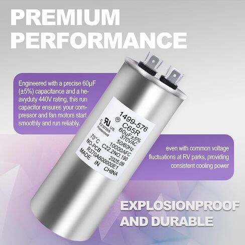 14995761 تشغيل مكثف 60+5 فائق التوهج 370VAC | متوافق مع محرك مكيف الهواء Coleman RV | لأجهزة إزالة الرطوبة والغسالات وغسالات الأطباق | 1499-5761 60 MFD مكثف بدء تشغيل المحرك المستدير in Kuwait