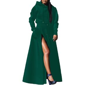 Women's 2 Piece Hooded Sweatsuit Set, Long Sleeve Hoodie With High Waist Split Maxi Skirt, Casual Loungewear Set in Saudi Arabia