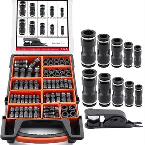 180PCS Pneumatic Quick Connect Fitting Kit: Imperial (1/8", 1/4", 5/16", 3/8", 1/2") & Metric (4,6,8,10,12mm) Push-in Air Line Connectors（Black) in Kuwait