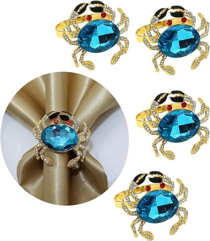 مجموعة من 4 حلقات مناديل سرطان البحر، حلقات مناديل ذهبية حمراء، حامل مناديل لعشاء عطلة العائلة، والولائم الفاخرة وديكورات الزفاف للاستقبال (أزرق السلطعون) in Kuwait