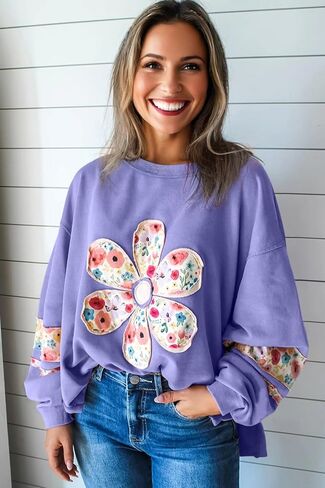 Oversized Sweatshirts Pullovere Peach Blossom Floral Applique Baggy Pullover Sweatshirt Wisteria L in Saudi Arabia