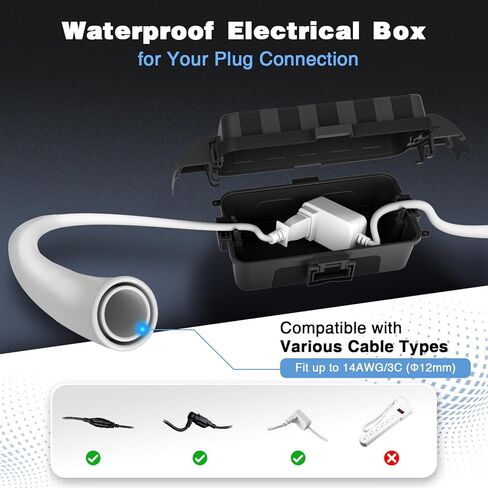 FLEMOON IP55 Outdoor Electrical Box Waterproof with Detachable Awning Covers, 8.3 x 4.1 x 3.7 inch Weatherproof Extension Cord Cover, Easy Installation for Outdoor Plug, Outlet, String Lights, Black in Saudi Arabia
