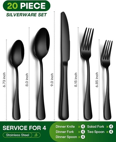 PHILIPALA 20 Piece Black Silverware Set, Stainless Steel Flatware Set for 4 Food Grade Cutlery Utensil Set Include Knife Fork Spoon Mirror Polished Dishwasher Safe in Saudi Arabia