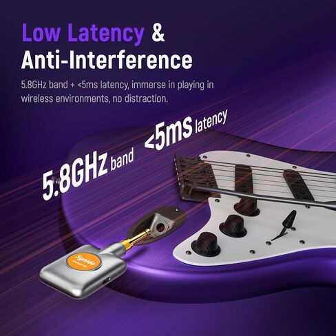 Synido 5.8GHz Wireless Guitar System USB-C, Cordless Guitar Transmitter Receiver, 8 Channels 5ms Low Latency, 100ft Range, 1/4 & 3.5mm Jack for Guitar/Bass/Drum/Keyboard/DJ/Amp Instrument, SW100 in Kuwait