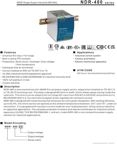 NDR-480-48 480W Industrial Single Output Switching Power Supply 48VDC 10A Switching Power Supply in Kuwait