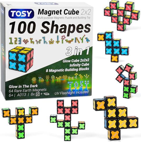 TOSY Magnet Cube 2x2 - 8 Blocks, 2in1 Toy: 2x2x2 Puzzle Cube and Customizable Infinity Cube, Glowing w/ UV Flashlight, Christmas Stocking Stuffers Gift for Kids/Grandkids, STEM Toy, 2-Pack in Saudi Arabia