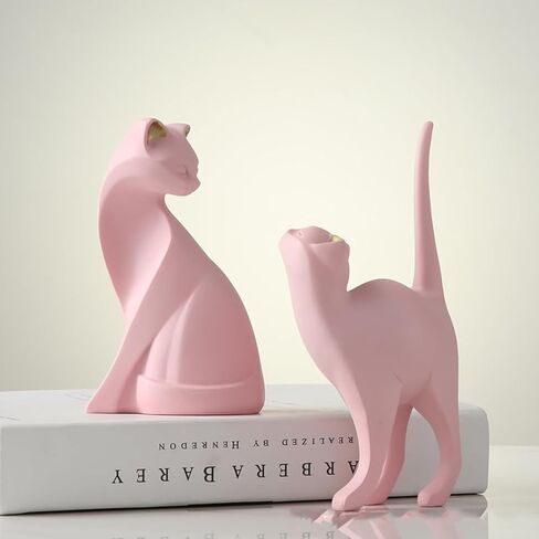 2PCS Pink Cat Statue Geometric Cat Sculpture Animal Statue Art Figurine Home Decorations Modern Cat Statue Animal Figurine Resin Sculpture for Home Office Gift in Saudi Arabia
