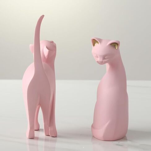 2PCS Pink Cat Statue Geometric Cat Sculpture Animal Statue Art Figurine Home Decorations Modern Cat Statue Animal Figurine Resin Sculpture for Home Office Gift in Saudi Arabia