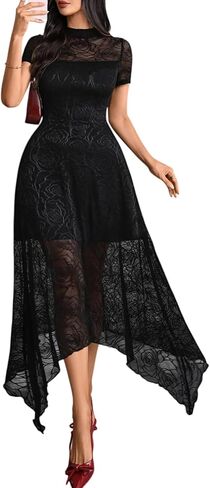 GothDark Womens Black Floral Lace Midi Dress Mock Neck Irregular Hem Spliced Double-Layered Elegant Gothic Fromal Dresses in Kuwait