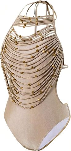 OYOANGLE Women's Beaded Cheeky Monokini Strappy One Piece Swimsuits Open Back Beach Leotard in Saudi Arabia