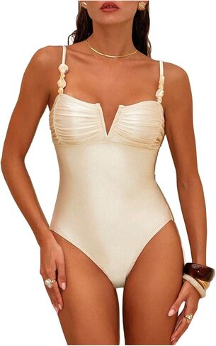 Verdusa Women's Beaded One Piece Swimsuit Notched V Neck Monokini Summer Vacation Bathing Suits in Saudi Arabia