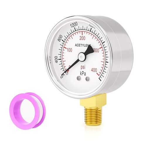 مقاييس الضغط المنخفض والعالي، 30 رطل لكل بوصة مربعة و400 رطل لكل بوصة مربعة لمنظم الأسيتيلين، حجم القرص 2.5 بوصة، التركيب السفلي 1/4 بوصة NPT، علبة من الفولاذ المقاوم للصدأ in Kuwait