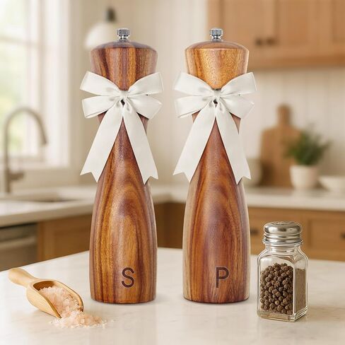 Wedding Gifts for Couples 2026: Acacia Wood Salt and Pepper Grinder Set with Bow Design - Kitchen Counter Decor in Saudi Arabia
