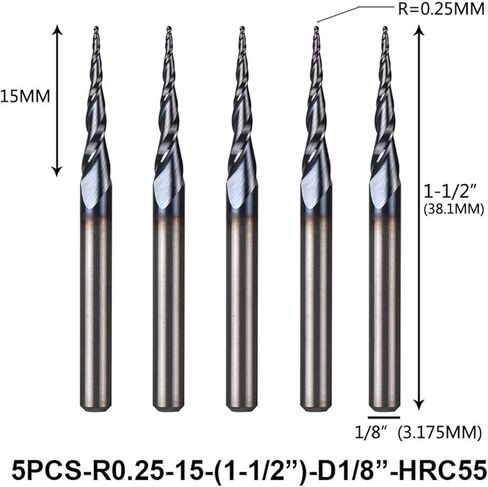 Zkenyao-Router Bit كربيد التنجستن الصلب بوصة 3.175 مم لقم توجيه مطحنة نهاية مدببة كروية الأنف، قاطع طحن معدني باستخدام الحاسب الآلي، 5 قطع، استخدام آمن موثوق (طول حافة القطع: 5 قطع R0.25 D3.1 HRC55) in Kuwait