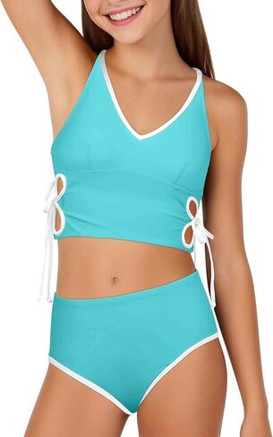 ملابس سباحة للفتيات المراهقات مكونة من قطعتين بيكيني على شكل حرف V مع وسادة صدر وأشرطة قابلة للتعديل بدلة استحمام للمراهقين من 7 إلى 16 سنة in Kuwait