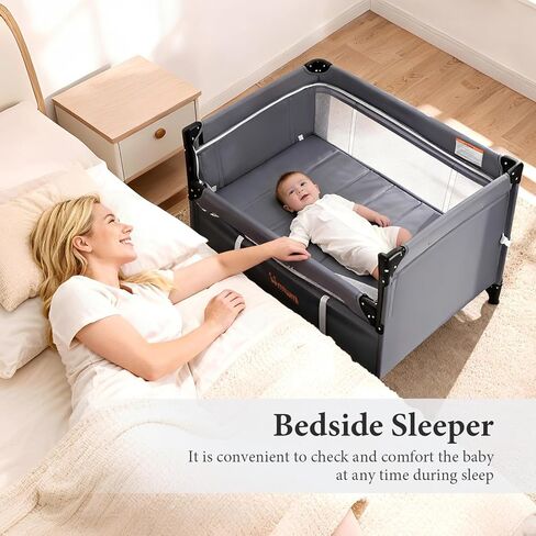 سرير أطفال محمول MTWML، ساحة لعب للأطفال 2 في 1 وسرير أطفال بجانب السرير مع عجلة، روضة أطفال قابلة للطي ومركز حضانة مع حقيبة سفر للمنزل أو السفر من حديثي الولادة إلى الأطفال الصغار (رمادي غامق) in Kuwait