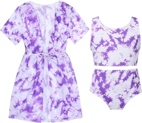 Uhnice Girls 3 Piece Tankini Swimsuit Set with Sheer Cover Up High Waisted Two Piece Bathing Suit Beach Swimwear for Kids in Saudi Arabia