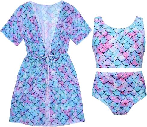 Uhnice Girls 3 Piece Tankini Swimsuit Set with Sheer Cover Up High Waisted Two Piece Bathing Suit Beach Swimwear for Kids in Saudi Arabia