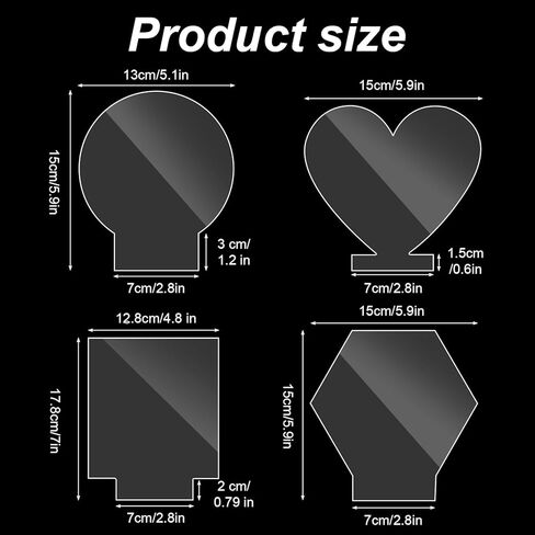 مجموعة أوراق أكريليك شفافة مكونة من 12 قطعة مع 4 أشكال (دائرة، مربع، قلب، سداسي) - فراغات مصبوبة بسمك 4 مم لقاعدة إضاءة LED، النقش بالليزر، الحرف اليدوية، الرسم والديكور المنزلي in Kuwait