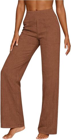 Cotton Linen Pants Women High Waisted Straight Leg Lounge Pants Vacation Beach Trousers Summer Versatile Trousers in Saudi Arabia