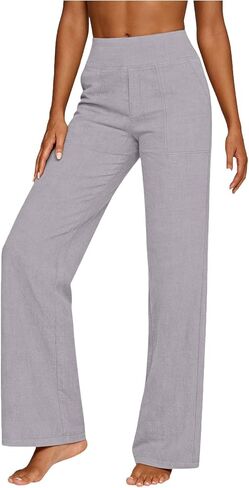 Cotton Linen Pants Women High Waisted Straight Leg Lounge Pants Vacation Beach Trousers Summer Versatile Trousers in Saudi Arabia