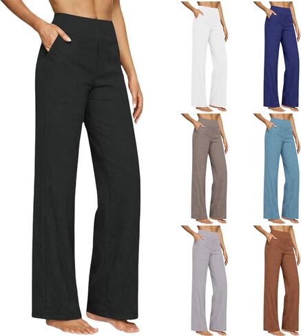 Cotton Linen Pants Women High Waisted Straight Leg Lounge Pants Vacation Beach Trousers Summer Versatile Trousers in Saudi Arabia