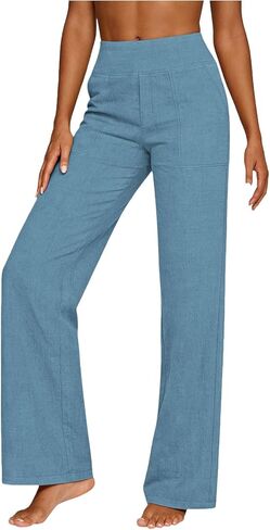 Cotton Linen Pants Women High Waisted Straight Leg Lounge Pants Vacation Beach Trousers Summer Versatile Trousers in Saudi Arabia